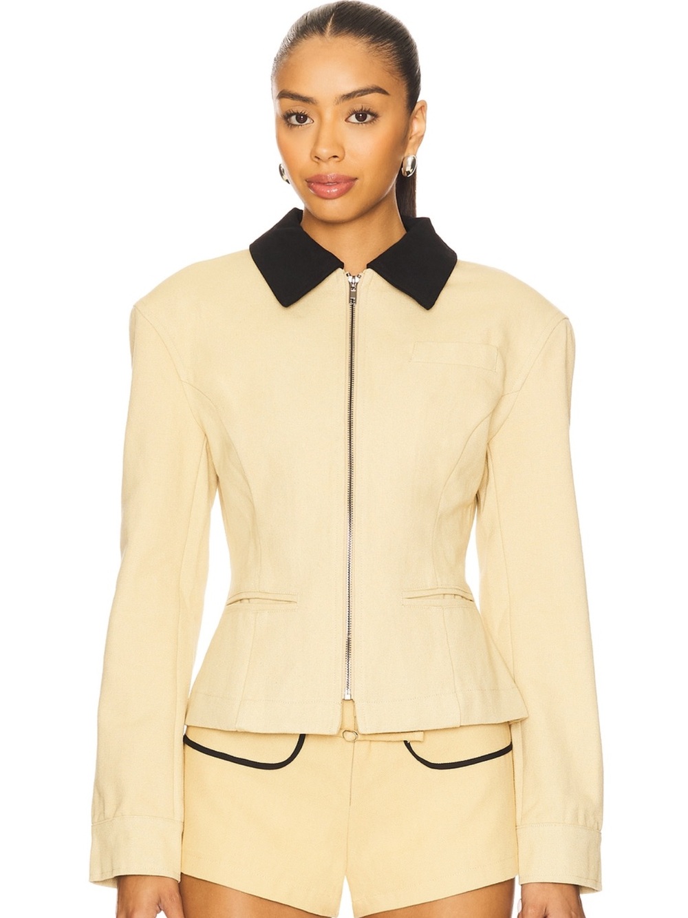 Lioness Womens Cream Zip-Front Jacket with Black Collar